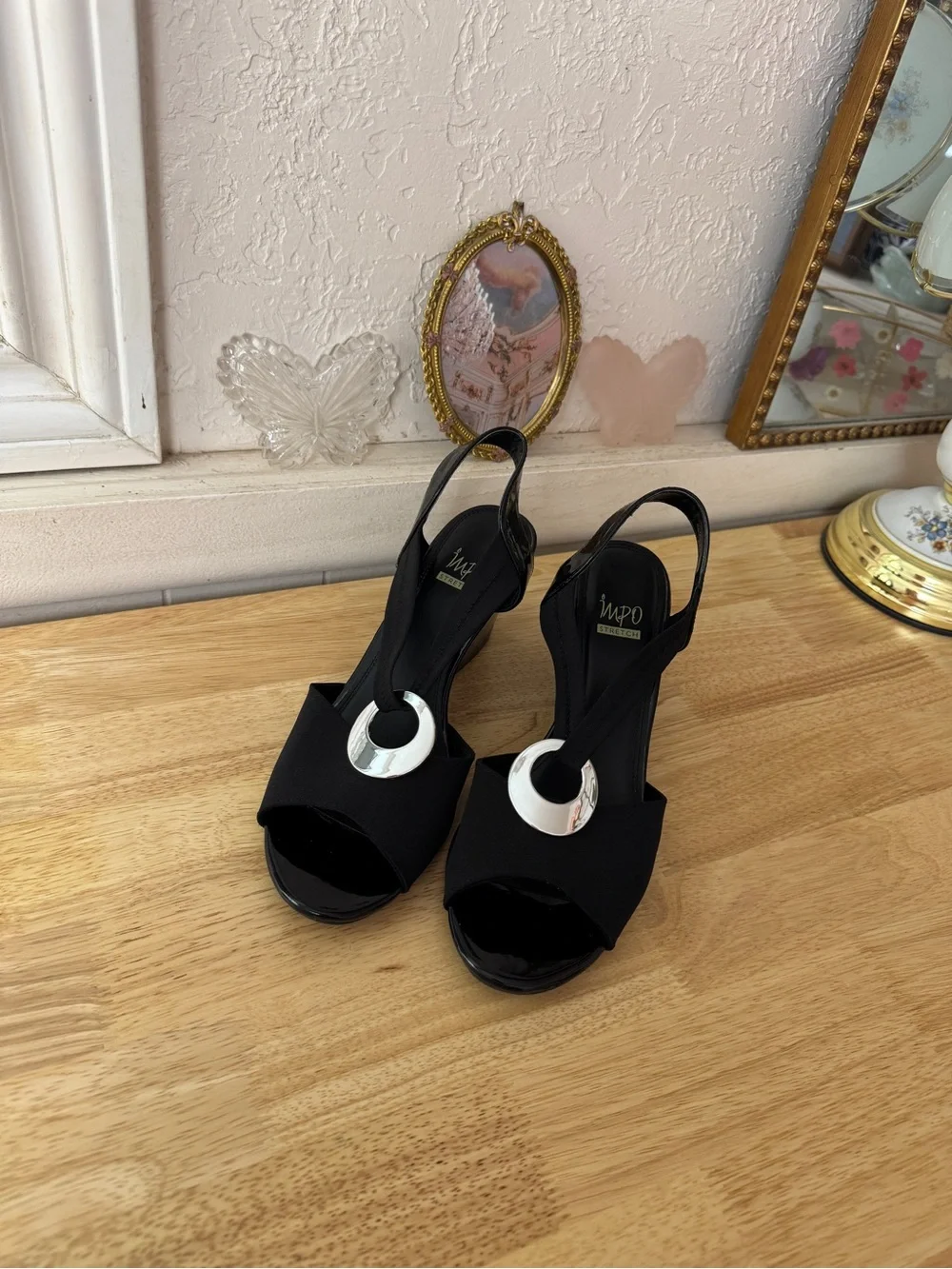 IMPO Black Stretch Slingback Wedge Sandals Size 10 Y2K Peep Toe Comfort Heels